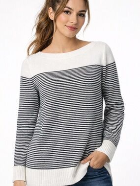 LOFT Black White Striped Tunic Sweater Medium Nautical Preppy Long Sleeve Knit